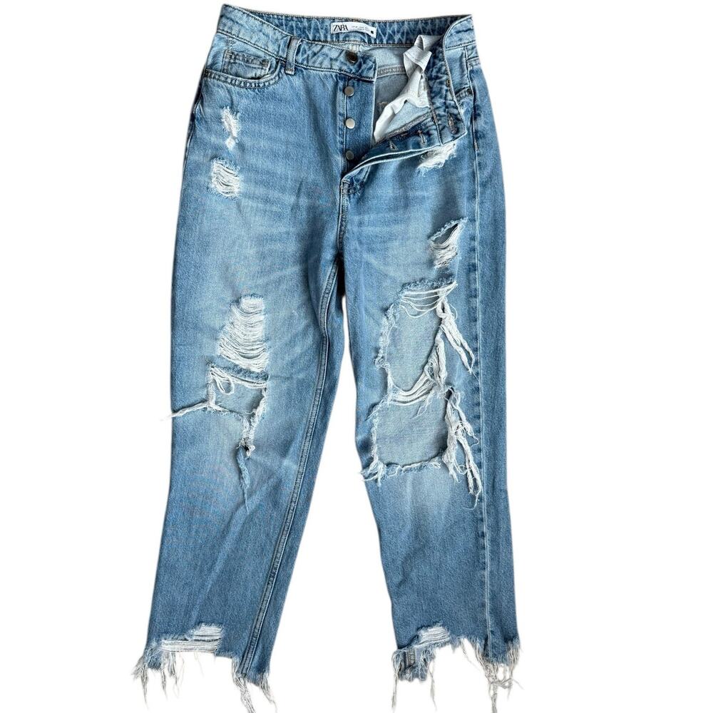 Zara‎ High-Rise Button Fly Light Wash Destroyed Ankle Jeans Size 6